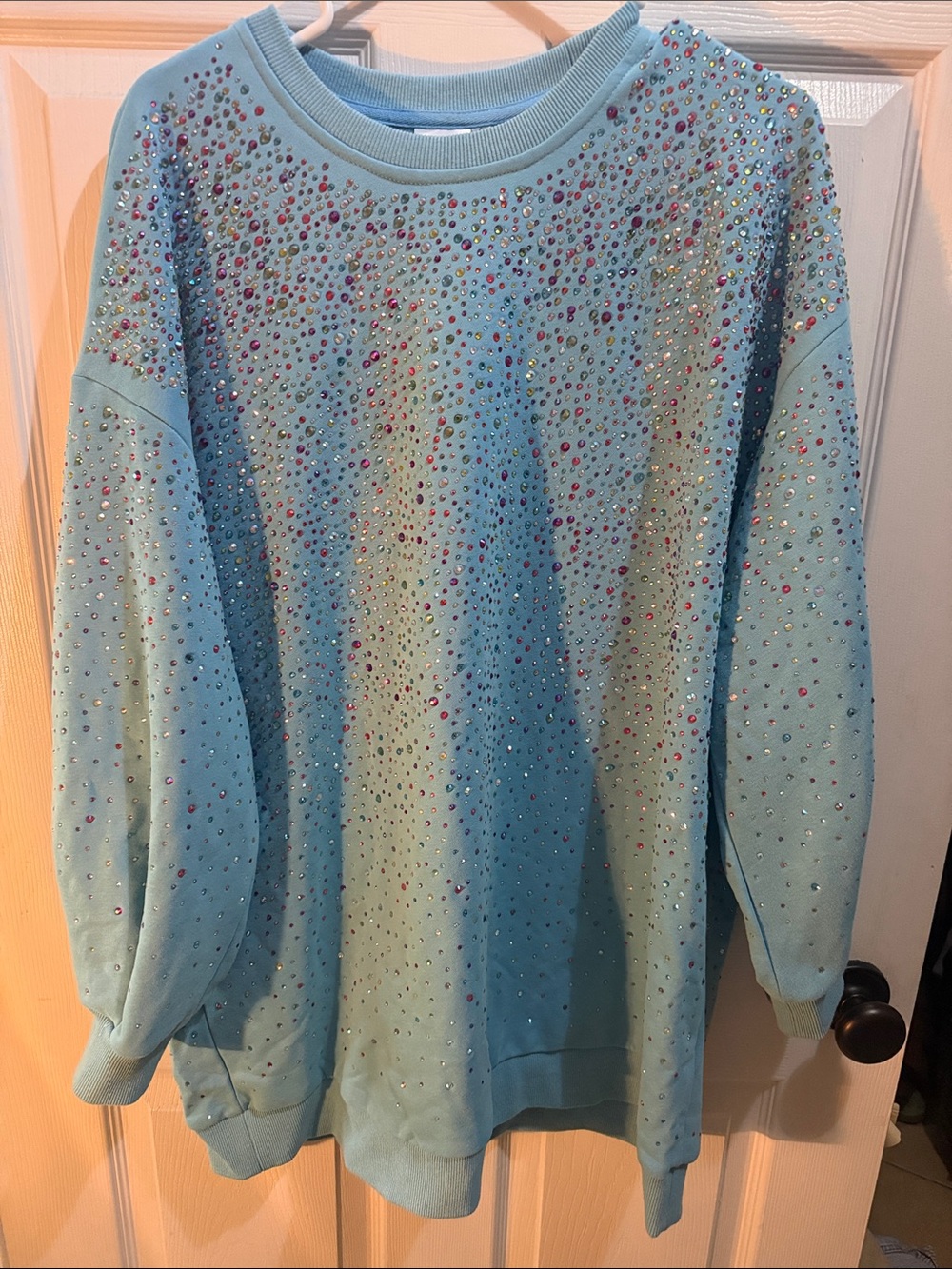 QUEEN OF SPARKLES Light Blue Crystal-Studded Crewneck Sweater